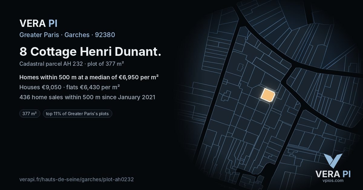 8 Cottage Henri Dunant, Garches at night – the plot lit, the parcels around coloured by the prices near them