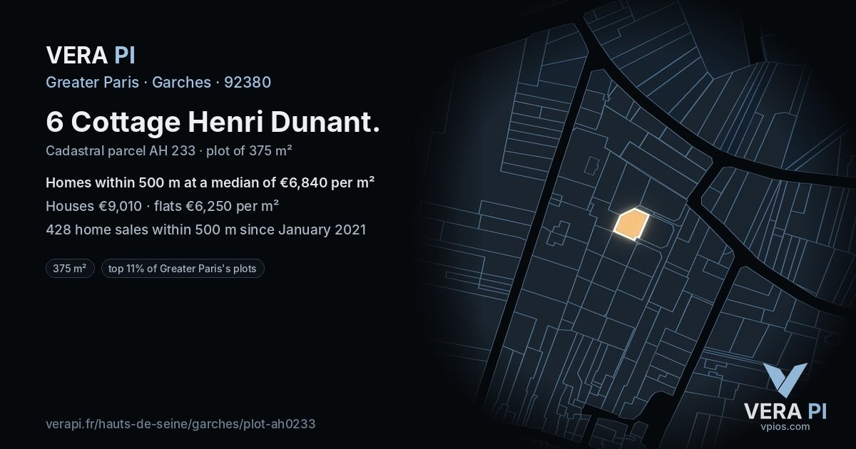6 Cottage Henri Dunant, Garches at night – the plot lit, the parcels around coloured by the prices near them