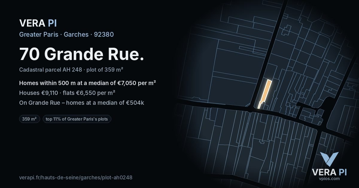 70 Grande Rue, Garches at night – the plot lit, the parcels around coloured by the prices near them