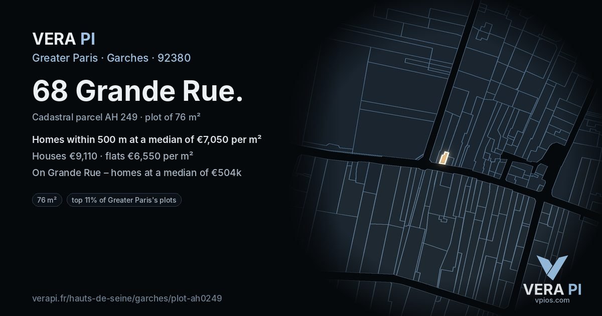68 Grande Rue, Garches at night – the plot lit, the parcels around coloured by the prices near them