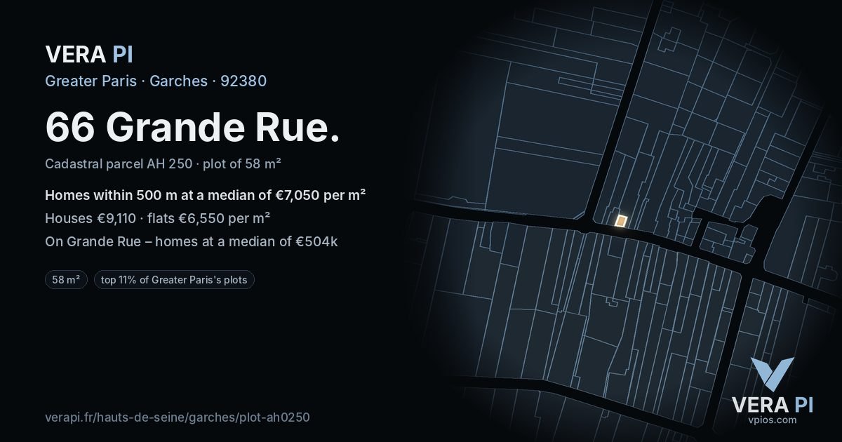 66 Grande Rue, Garches at night – the plot lit, the parcels around coloured by the prices near them