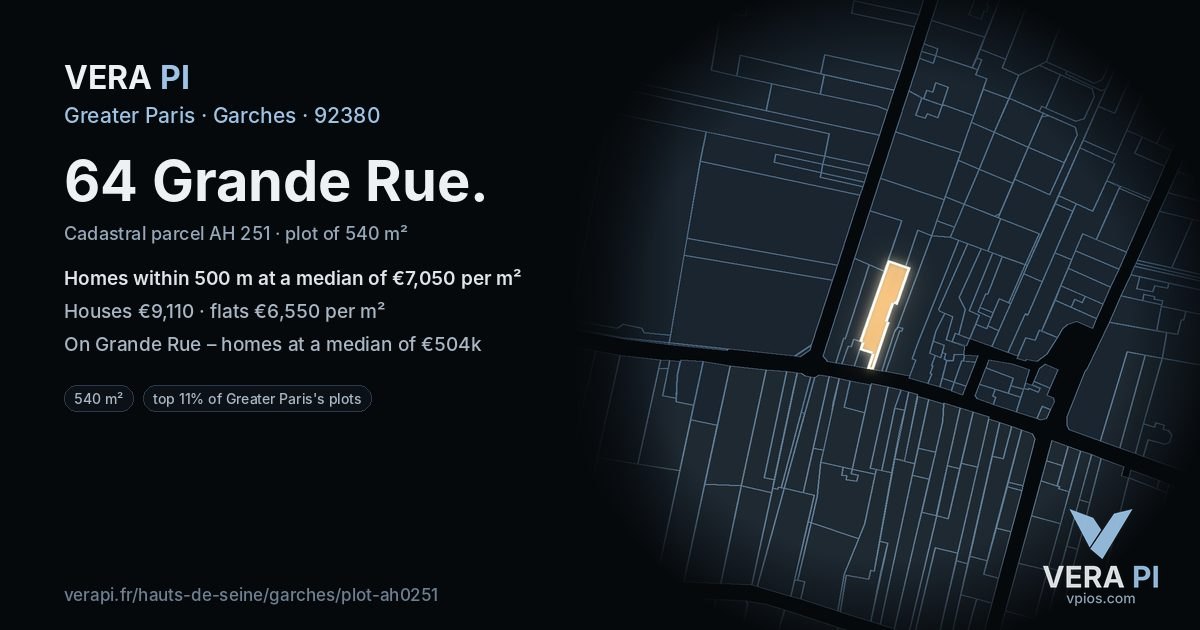 64 Grande Rue, Garches at night – the plot lit, the parcels around coloured by the prices near them