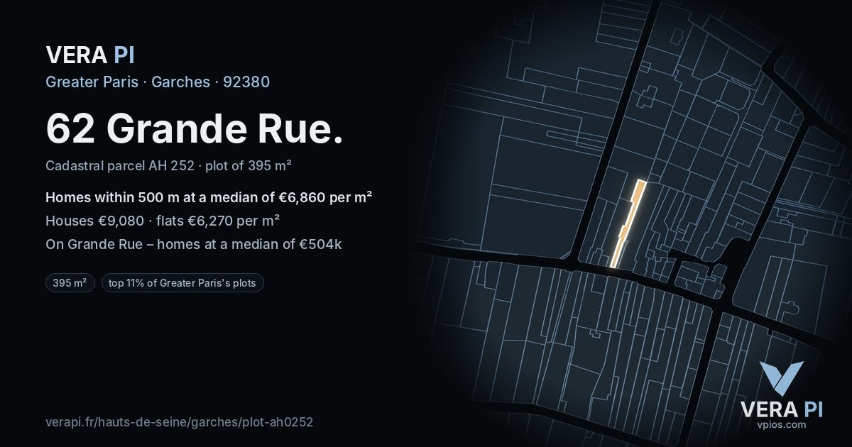 62 Grande Rue, Garches at night – the plot lit, the parcels around coloured by the prices near them
