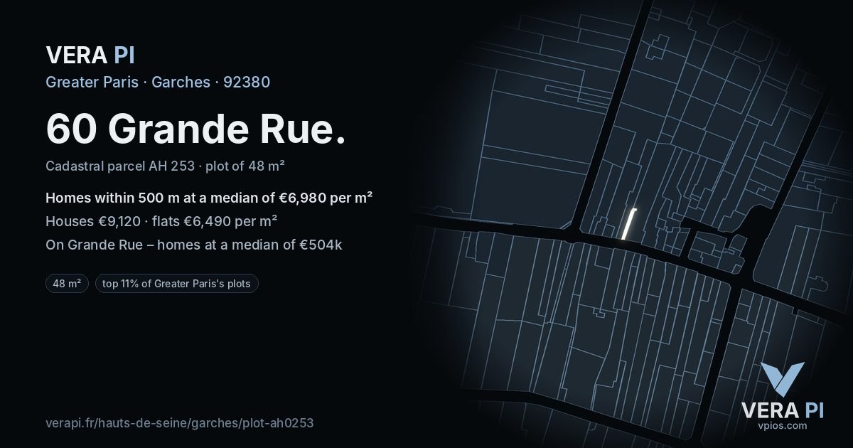 60 Grande Rue, Garches at night – the plot lit, the parcels around coloured by the prices near them