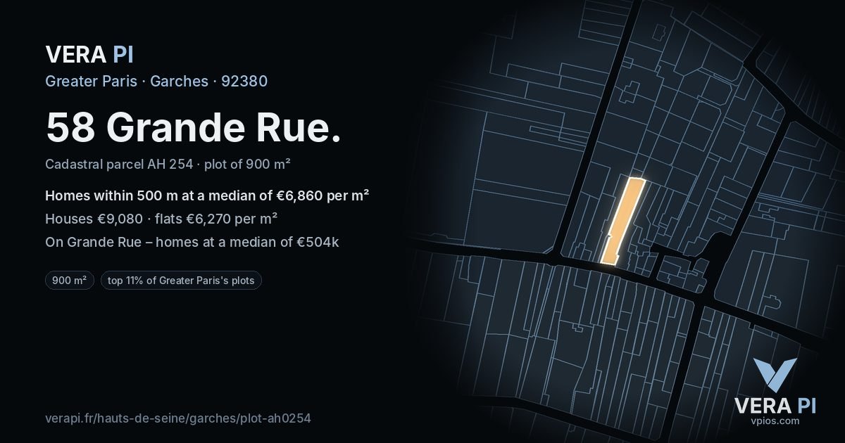 58 Grande Rue, Garches at night – the plot lit, the parcels around coloured by the prices near them