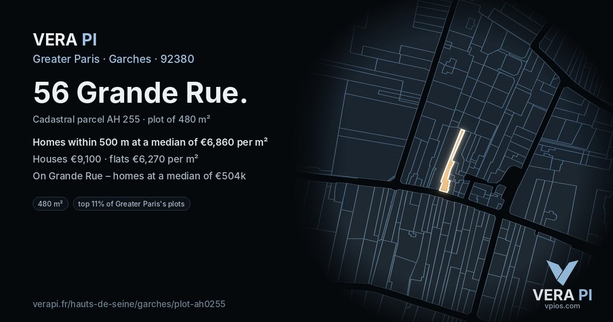 56 Grande Rue, Garches at night – the plot lit, the parcels around coloured by the prices near them