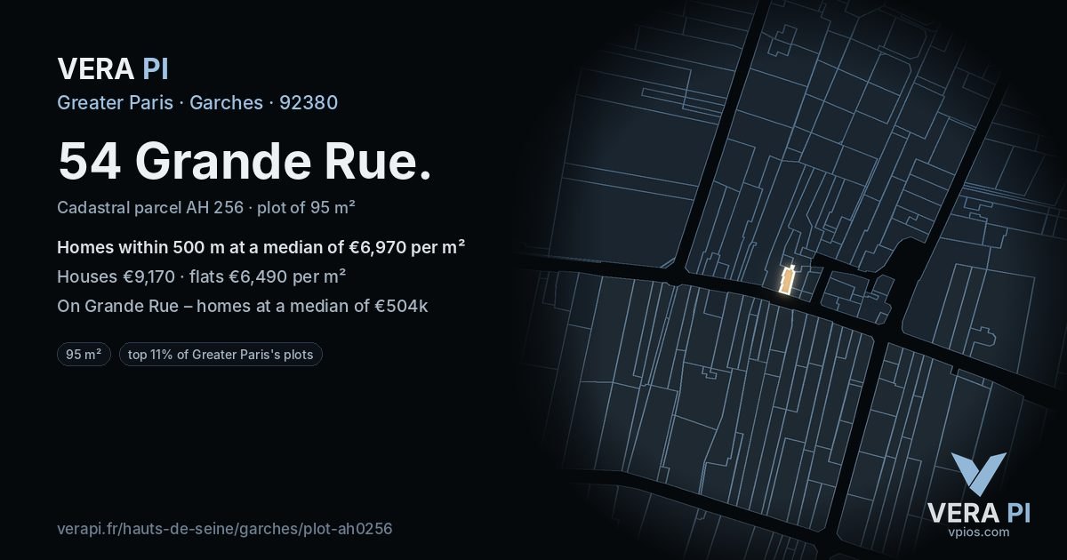 54 Grande Rue, Garches at night – the plot lit, the parcels around coloured by the prices near them
