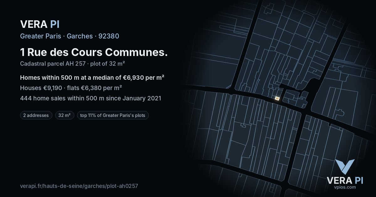 1 Rue des Cours Communes, Garches at night – the plot lit, the parcels around coloured by the prices near them