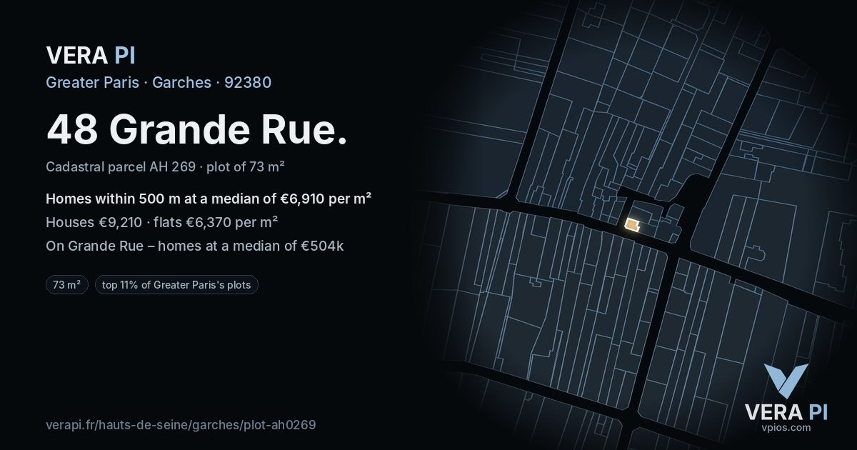 48 Grande Rue, Garches at night – the plot lit, the parcels around coloured by the prices near them