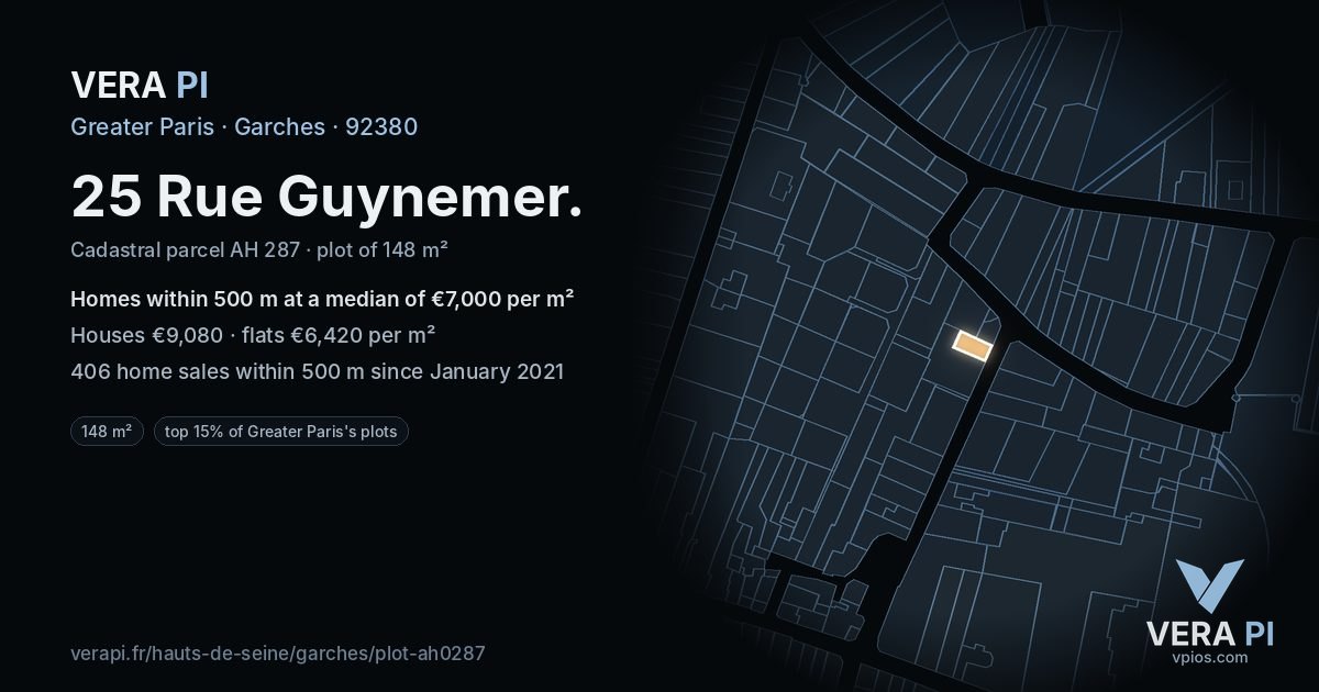 25 Rue Guynemer, Garches at night – the plot lit, the parcels around coloured by the prices near them