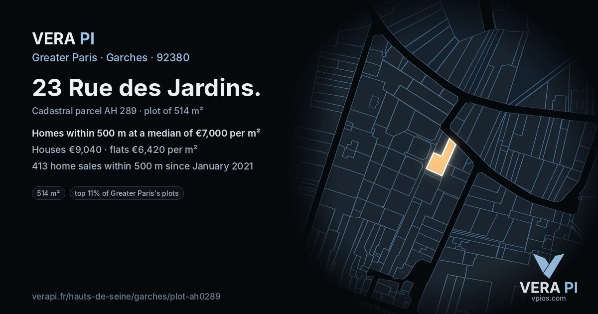 23 Rue des Jardins, Garches at night – the plot lit, the parcels around coloured by the prices near them