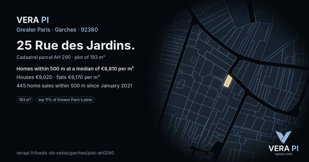 25 Rue des Jardins, Garches at night – the plot lit, the parcels around coloured by the prices near them
