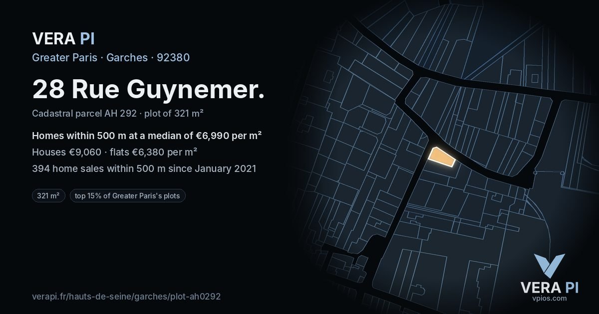 28 Rue Guynemer, Garches at night – the plot lit, the parcels around coloured by the prices near them