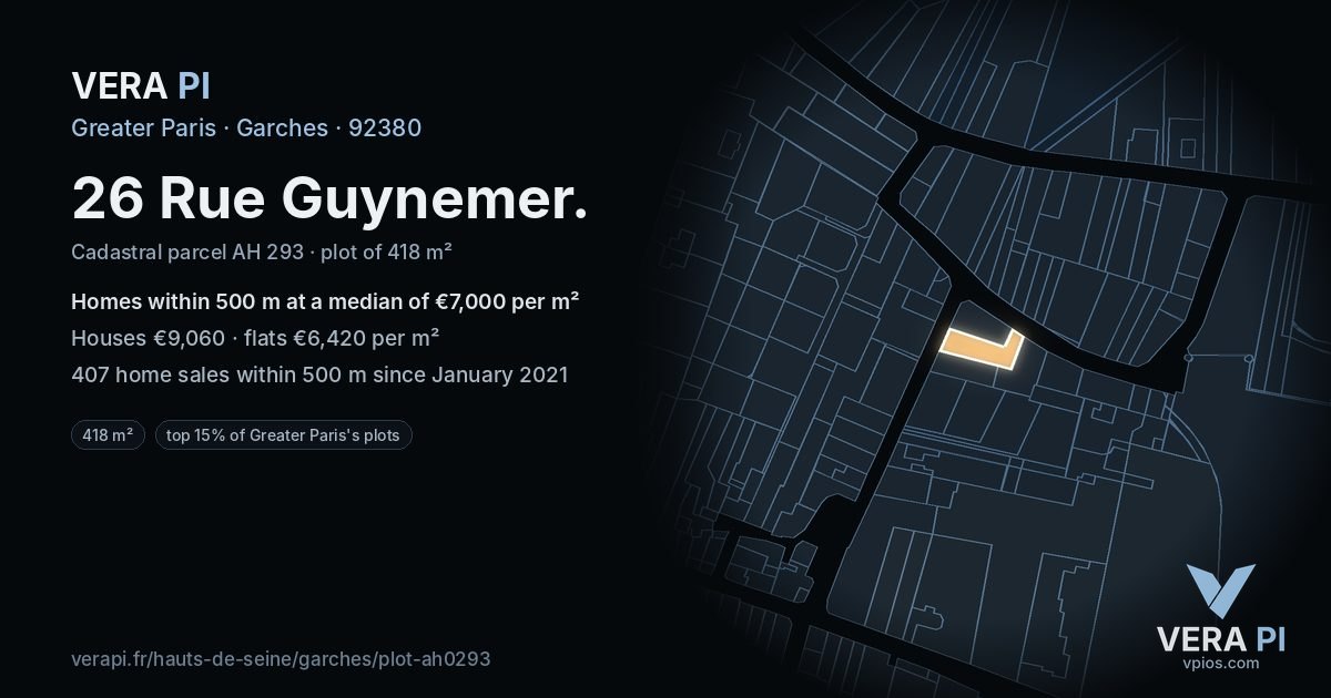 26 Rue Guynemer, Garches at night – the plot lit, the parcels around coloured by the prices near them