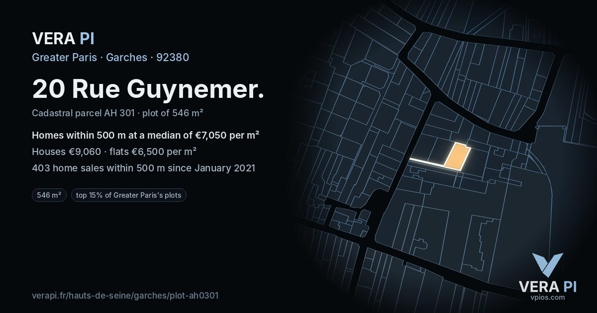 20 Rue Guynemer, Garches at night – the plot lit, the parcels around coloured by the prices near them