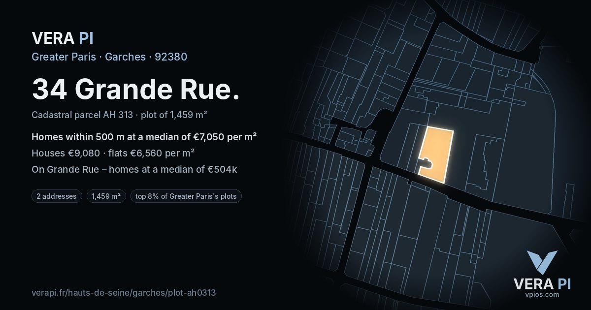 34 Grande Rue, Garches at night – the plot lit, the parcels around coloured by the prices near them