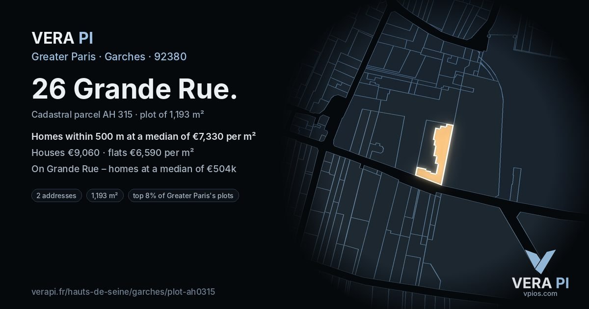 26 Grande Rue, Garches at night – the plot lit, the parcels around coloured by the prices near them