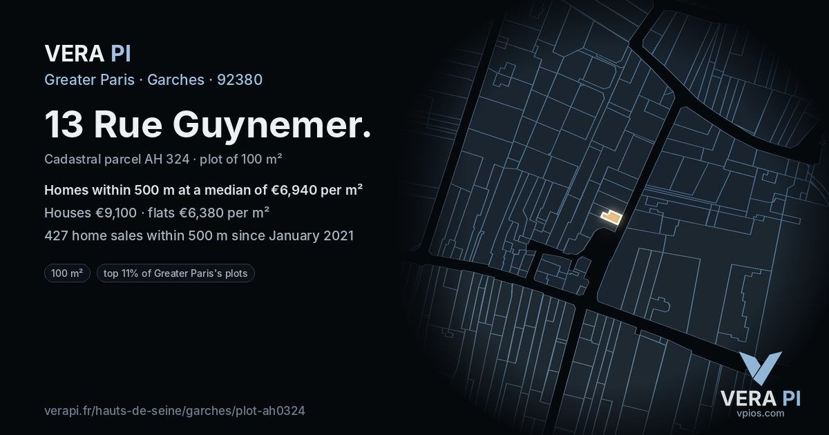 13 Rue Guynemer, Garches at night – the plot lit, the parcels around coloured by the prices near them