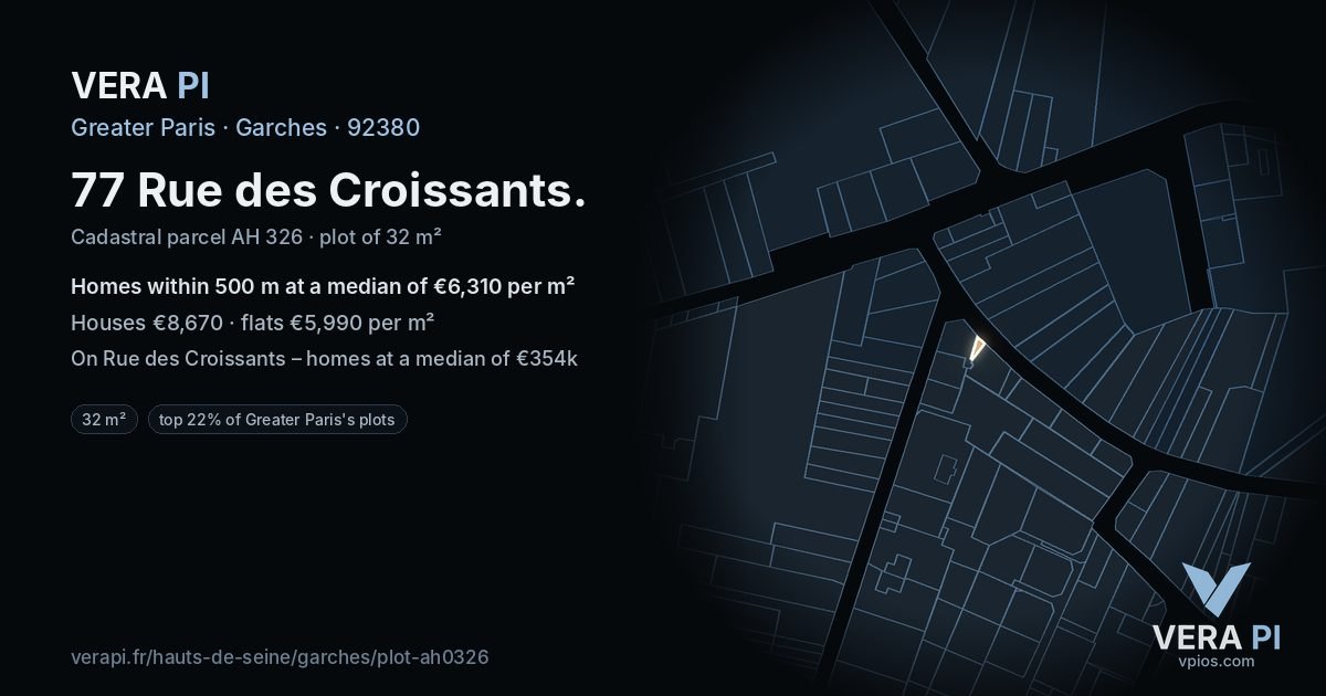 77 Rue des Croissants, Garches at night – the plot lit, the parcels around coloured by the prices near them