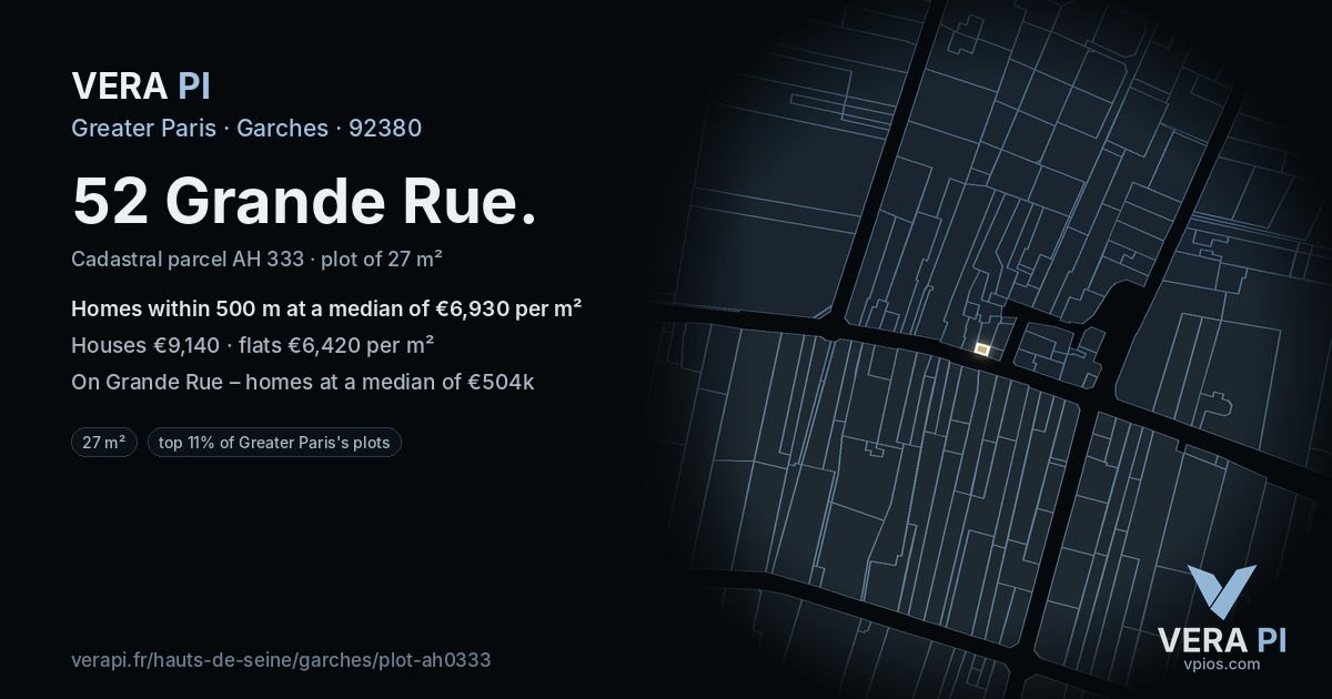 52 Grande Rue, Garches at night – the plot lit, the parcels around coloured by the prices near them