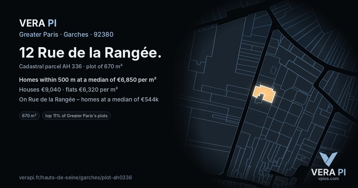 12 Rue de la Rangée, Garches at night – the plot lit, the parcels around coloured by the prices near them