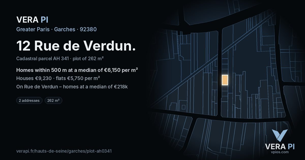 12 Rue de Verdun, Garches at night – the plot lit, the parcels around coloured by the prices near them
