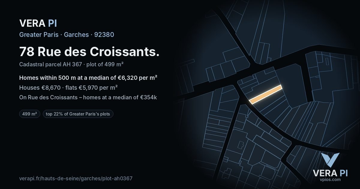 78 Rue des Croissants, Garches at night – the plot lit, the parcels around coloured by the prices near them