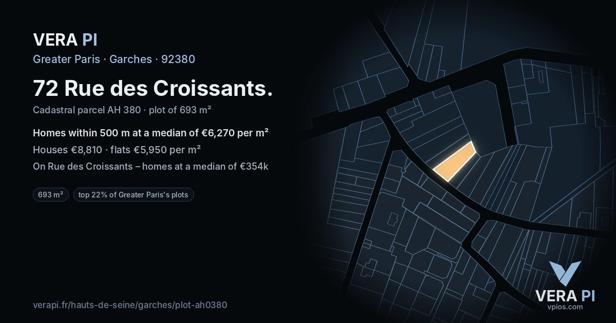 72 Rue des Croissants, Garches at night – the plot lit, the parcels around coloured by the prices near them