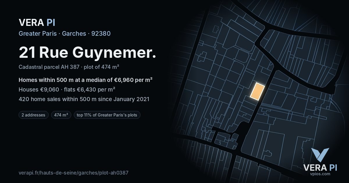 21 Rue Guynemer, Garches at night – the plot lit, the parcels around coloured by the prices near them