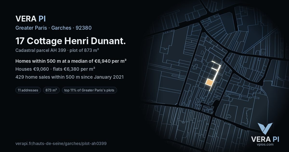17 Cottage Henri Dunant, Garches at night – the plot lit, the parcels around coloured by the prices near them