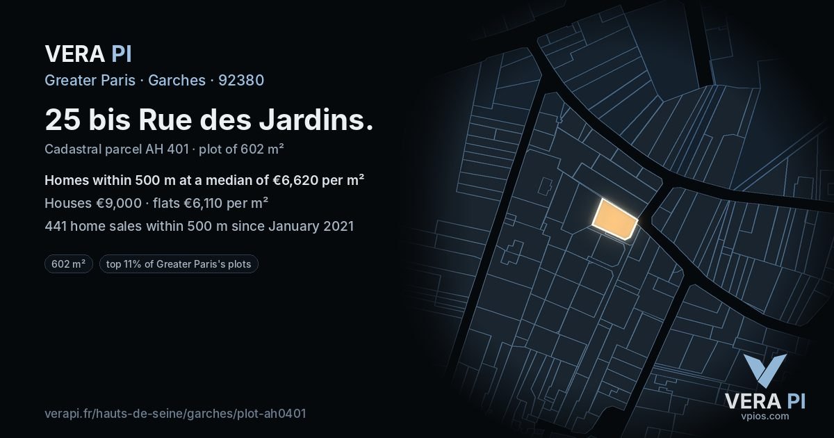 25 bis Rue des Jardins, Garches at night – the plot lit, the parcels around coloured by the prices near them
