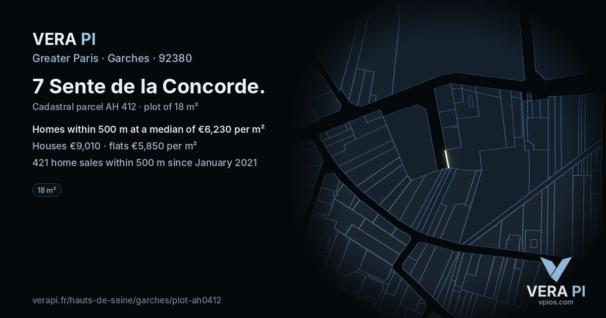 7 Sente de la Concorde, Garches at night – the plot lit, the parcels around coloured by the prices near them