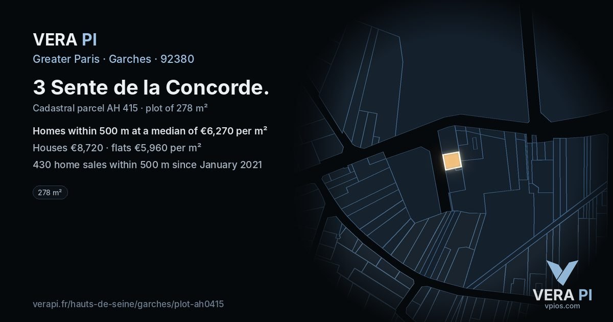3 Sente de la Concorde, Garches at night – the plot lit, the parcels around coloured by the prices near them