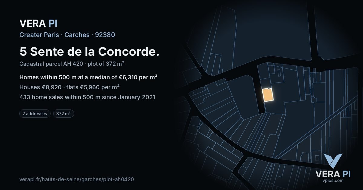 5 Sente de la Concorde, Garches at night – the plot lit, the parcels around coloured by the prices near them