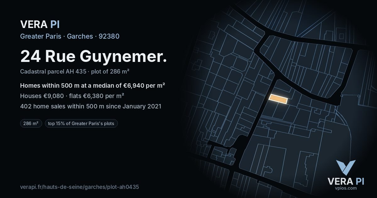 24 Rue Guynemer, Garches at night – the plot lit, the parcels around coloured by the prices near them