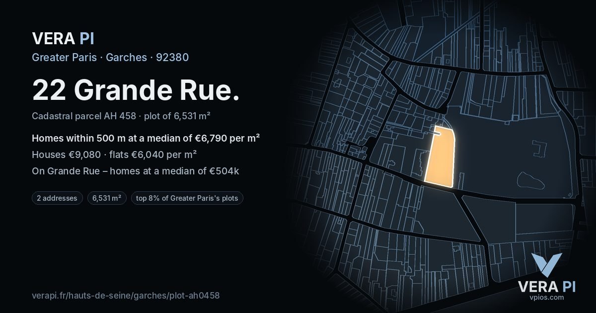 22 Grande Rue, Garches at night – the plot lit, the parcels around coloured by the prices near them