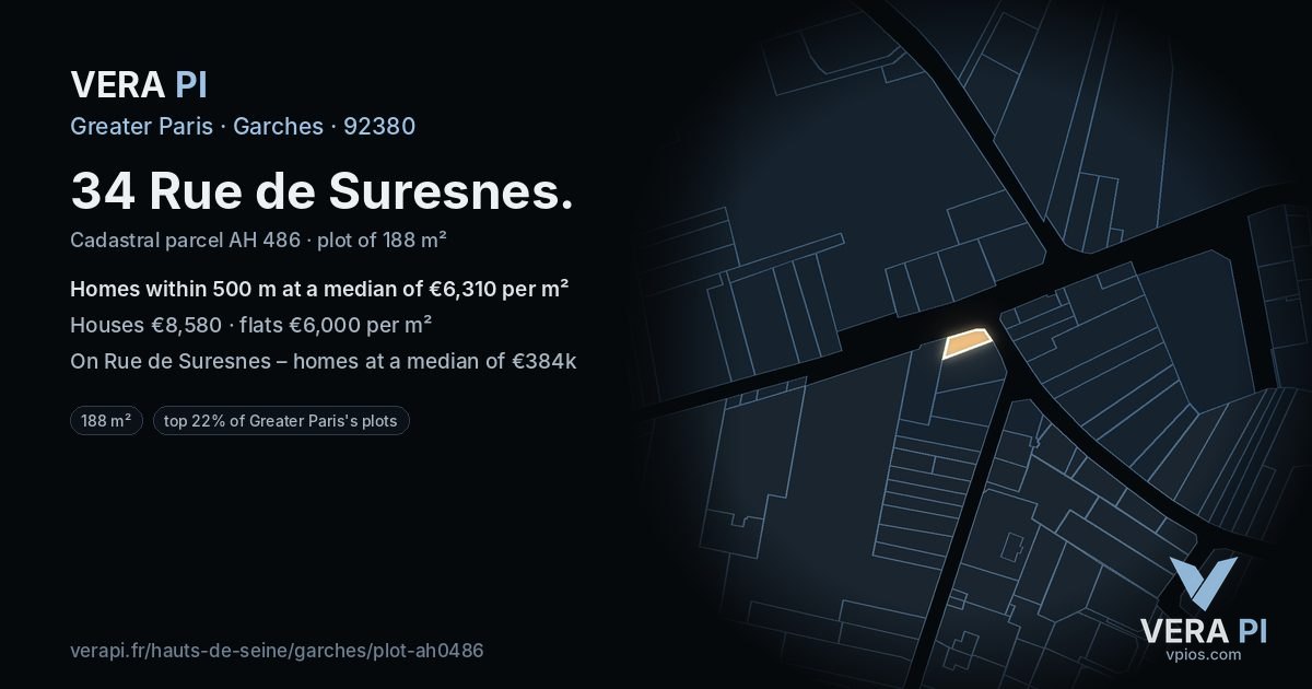 34 Rue de Suresnes, Garches at night – the plot lit, the parcels around coloured by the prices near them