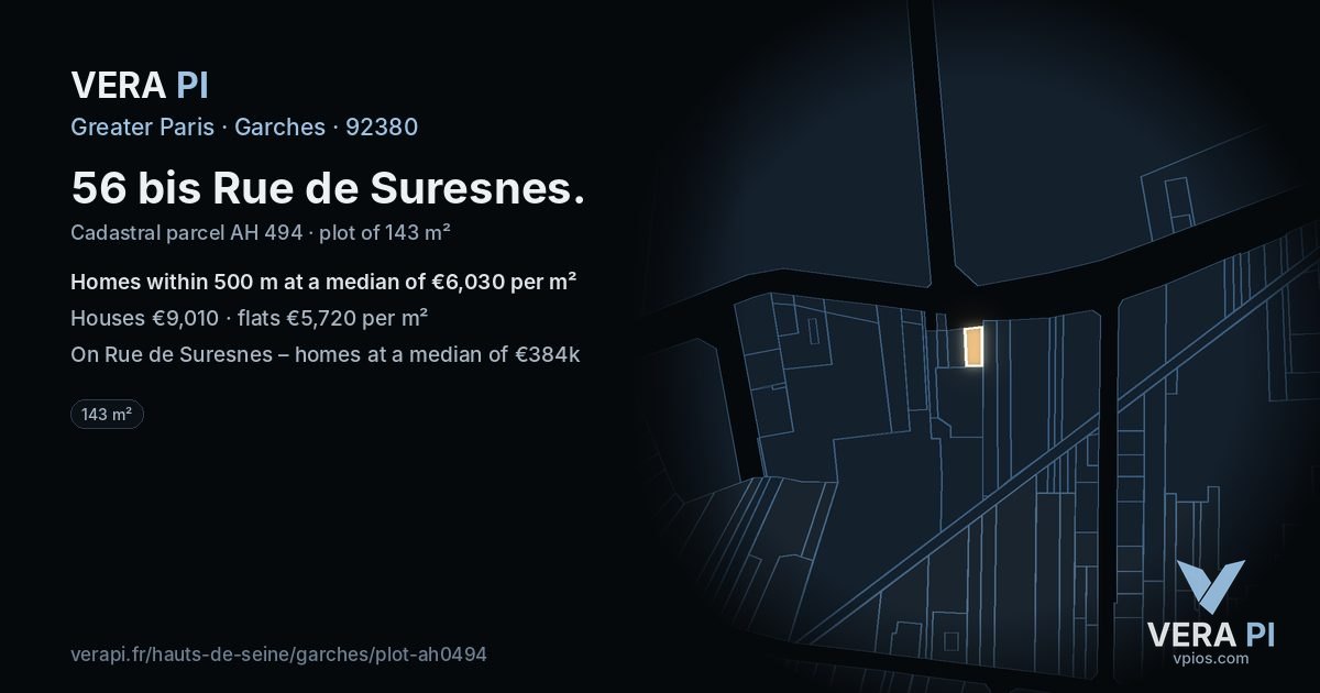 56 bis Rue de Suresnes, Garches at night – the plot lit, the parcels around coloured by the prices near them