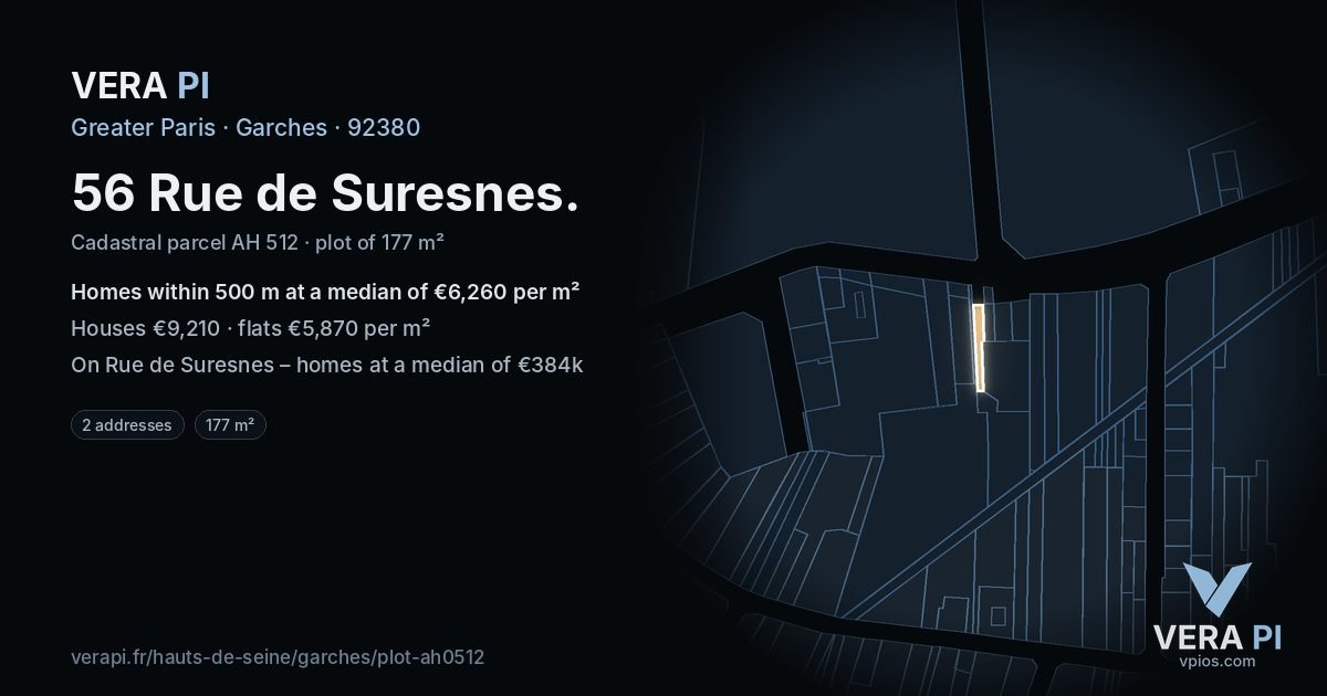 56 Rue de Suresnes, Garches at night – the plot lit, the parcels around coloured by the prices near them