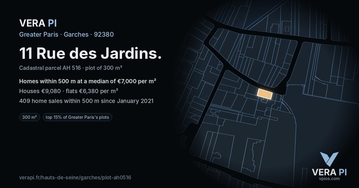 11 Rue des Jardins, Garches at night – the plot lit, the parcels around coloured by the prices near them