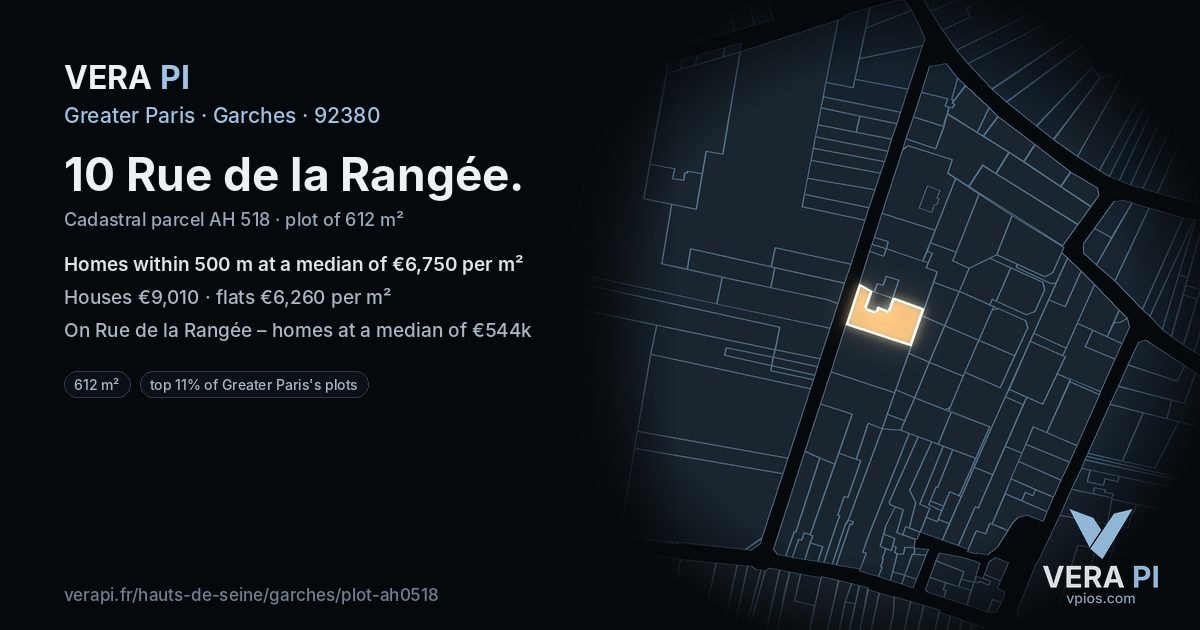 10 Rue de la Rangée, Garches at night – the plot lit, the parcels around coloured by the prices near them