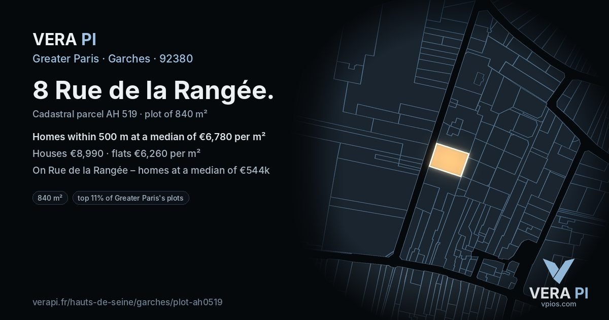 8 Rue de la Rangée, Garches at night – the plot lit, the parcels around coloured by the prices near them