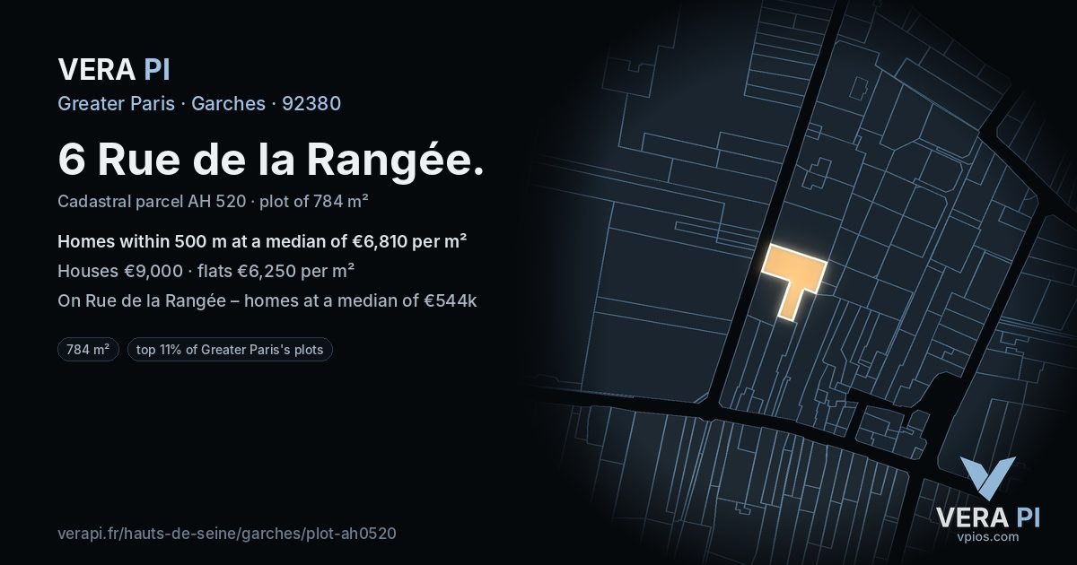 6 Rue de la Rangée, Garches at night – the plot lit, the parcels around coloured by the prices near them