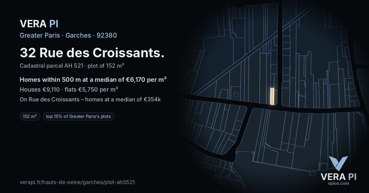 32 Rue des Croissants, Garches at night – the plot lit, the parcels around coloured by the prices near them