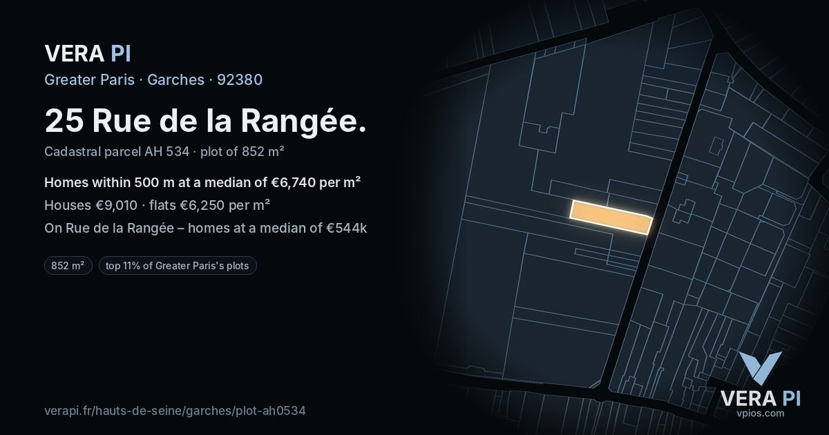 25 Rue de la Rangée, Garches at night – the plot lit, the parcels around coloured by the prices near them