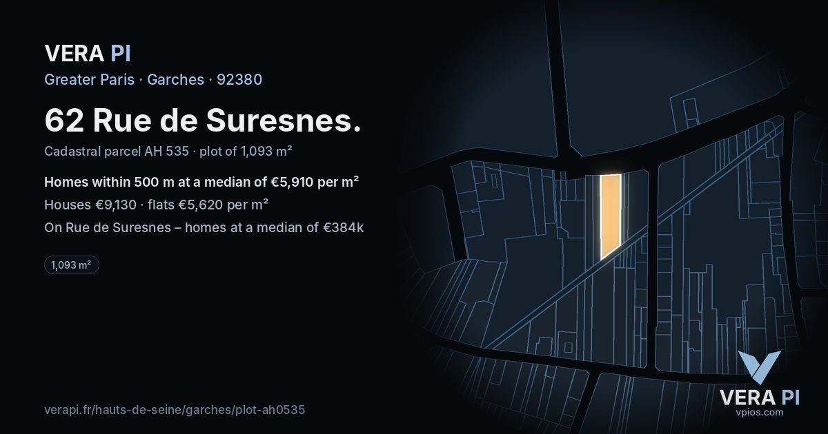 62 Rue de Suresnes, Garches at night – the plot lit, the parcels around coloured by the prices near them