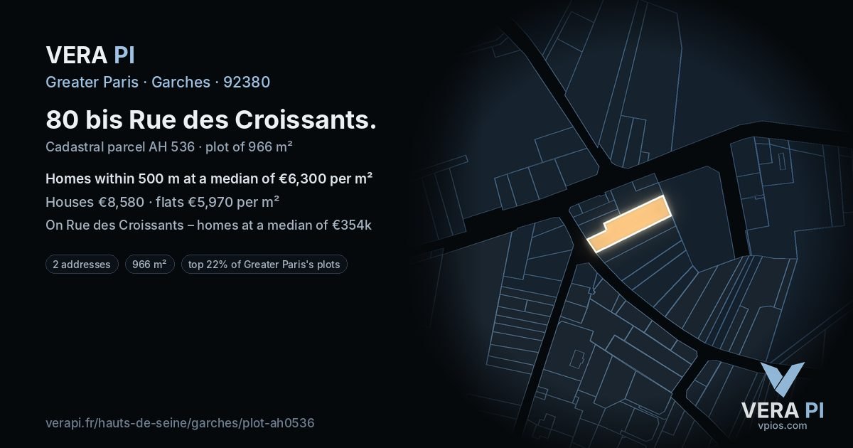 80 bis Rue des Croissants, Garches at night – the plot lit, the parcels around coloured by the prices near them