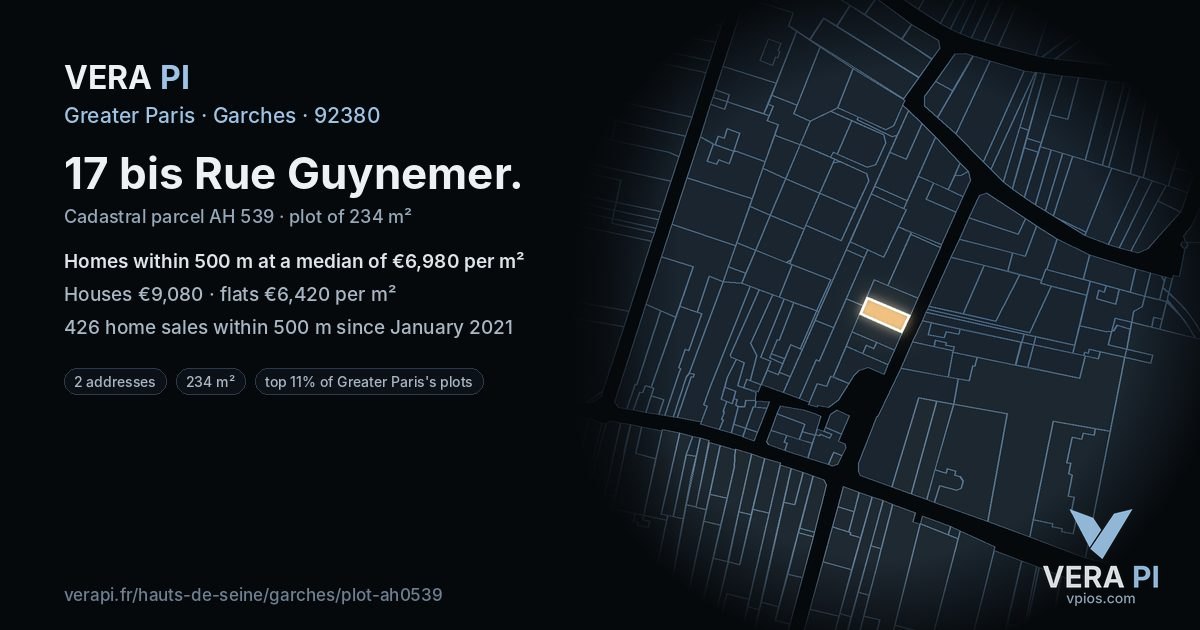 17 bis Rue Guynemer, Garches at night – the plot lit, the parcels around coloured by the prices near them