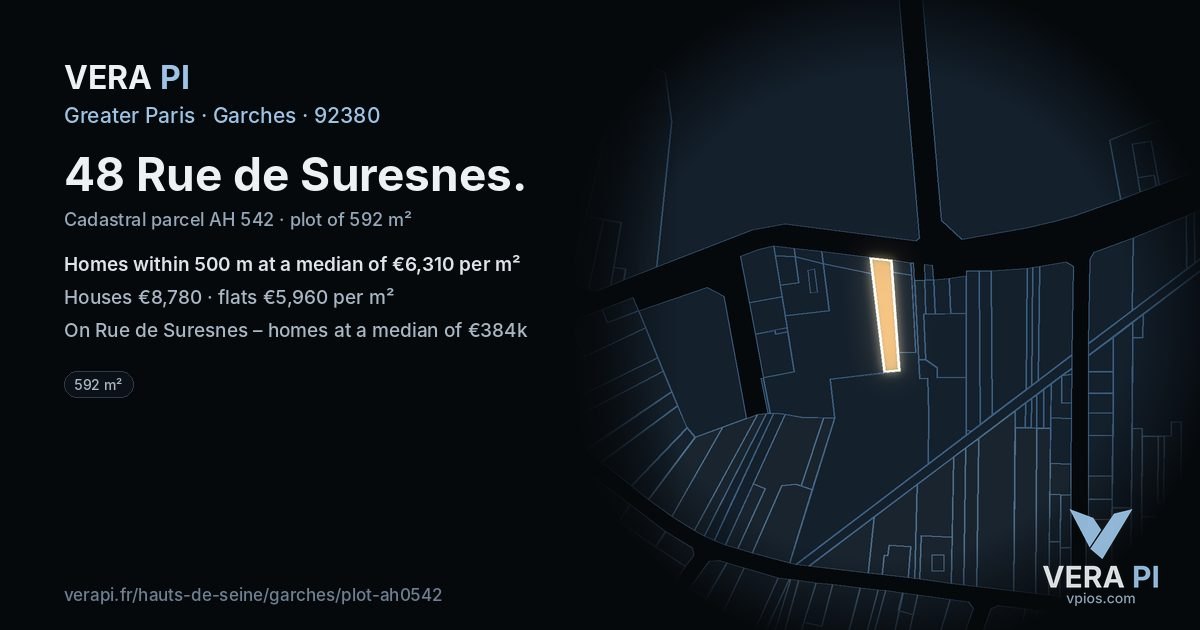 48 Rue de Suresnes, Garches at night – the plot lit, the parcels around coloured by the prices near them