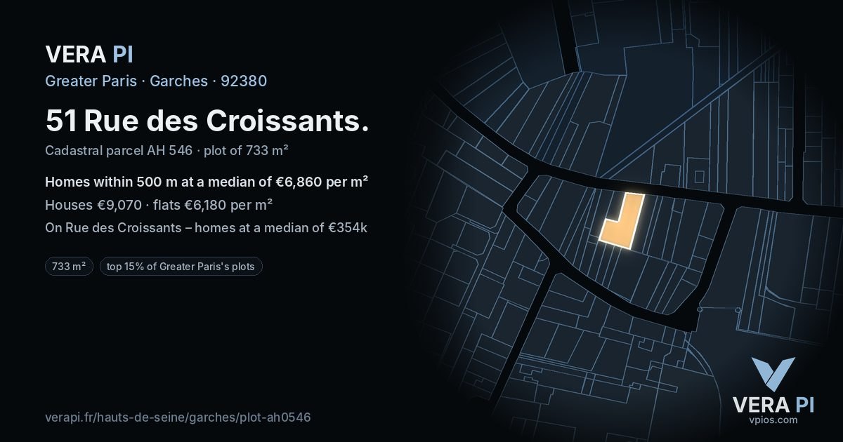 51 Rue des Croissants, Garches at night – the plot lit, the parcels around coloured by the prices near them